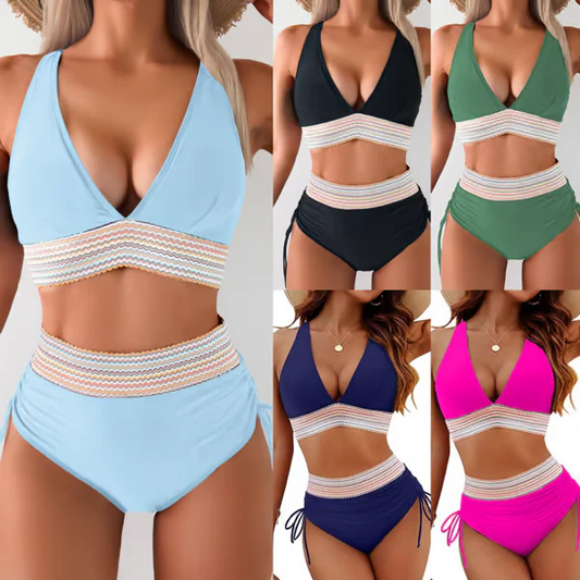 kolorowy zestaw bikini z wysokim stanem na brzuchu
