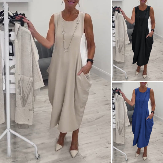 Elegancka luźna sukienka bez rękawów z kieszeniami