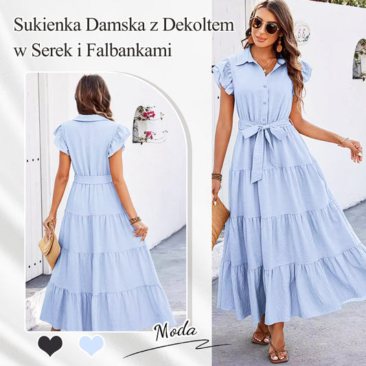 Sukienka damska z dekoltem w serek i falbankami