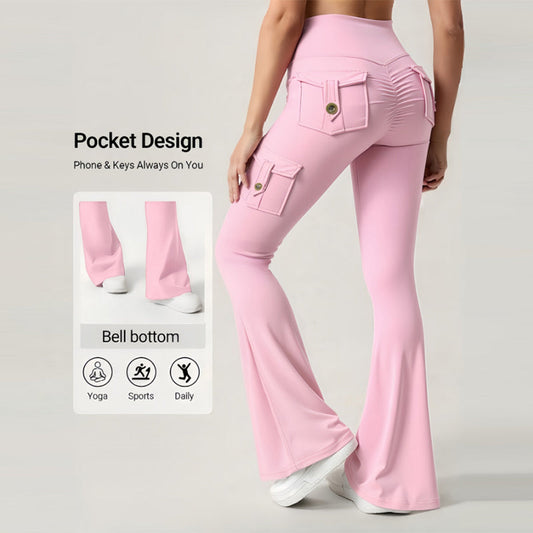 Damskie spodnie do jogi z wysokim stanem i rozszerzanymi nogawkami, z kieszeniami